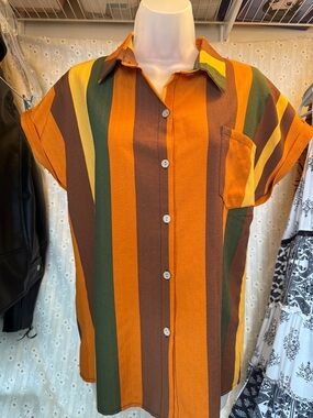 Women's Short-Sleeve Button-Down Shirt in Orange, Brown & Green Stripes